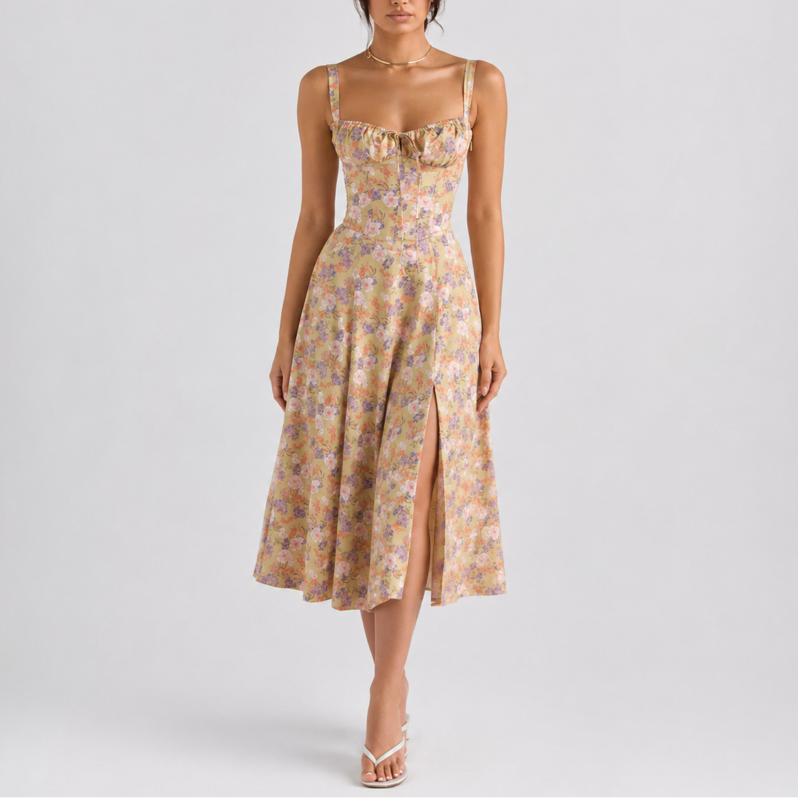 Women's Elegant Corset Midi Dress with Ruched Bust
