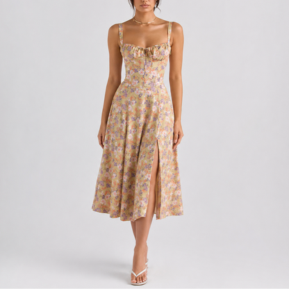 Women's Elegant Corset Midi Dress with Ruched Bust