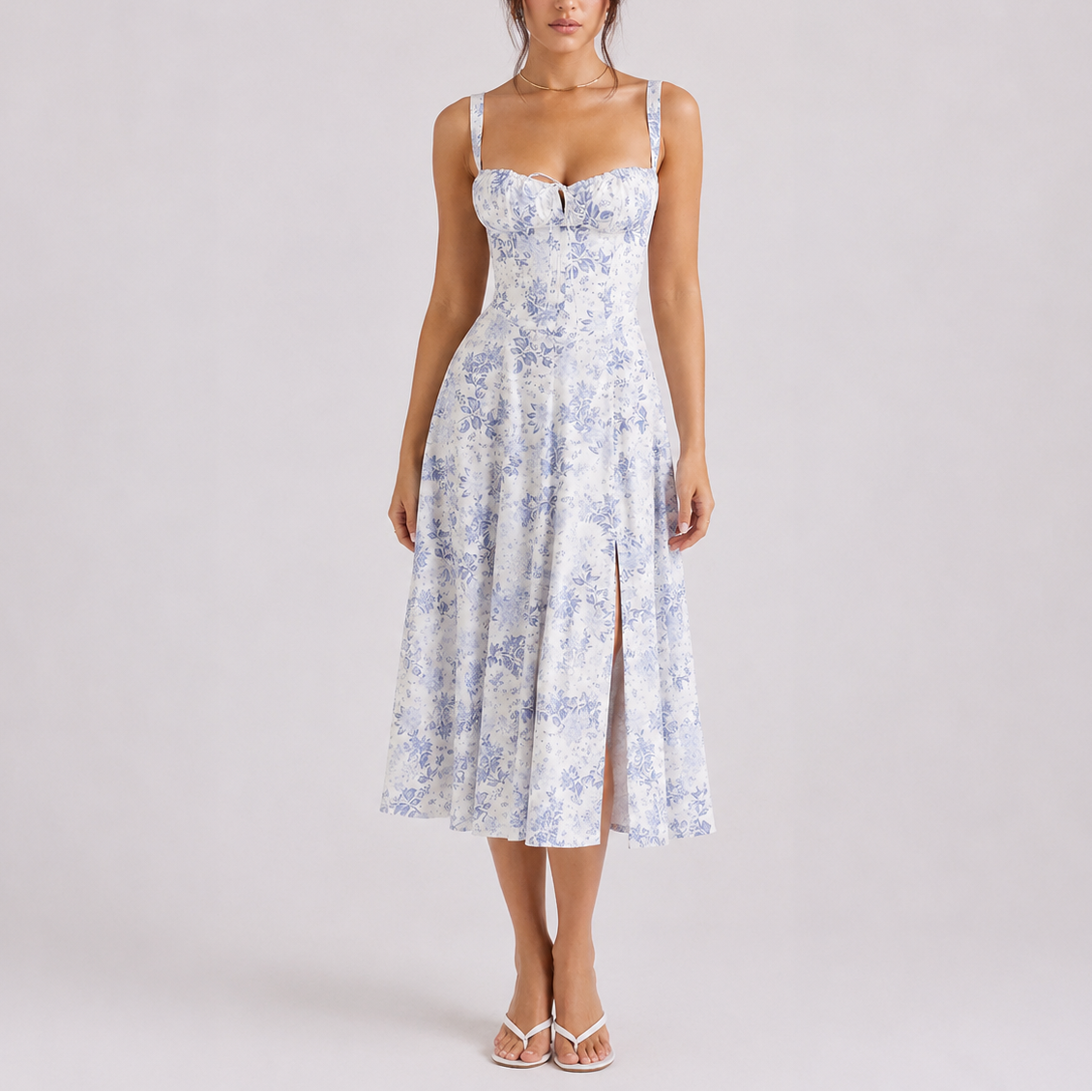 Women's Elegant Corset Midi Dress with Ruched Bust