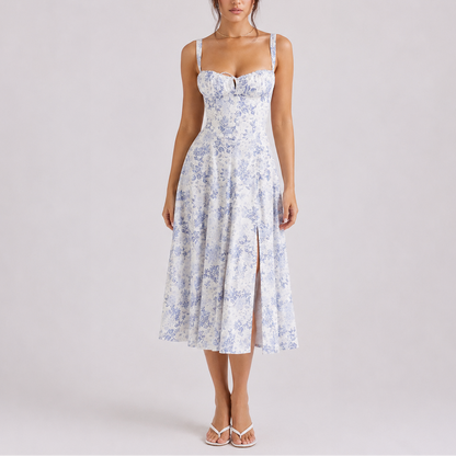 Women's Elegant Corset Midi Dress with Ruched Bust