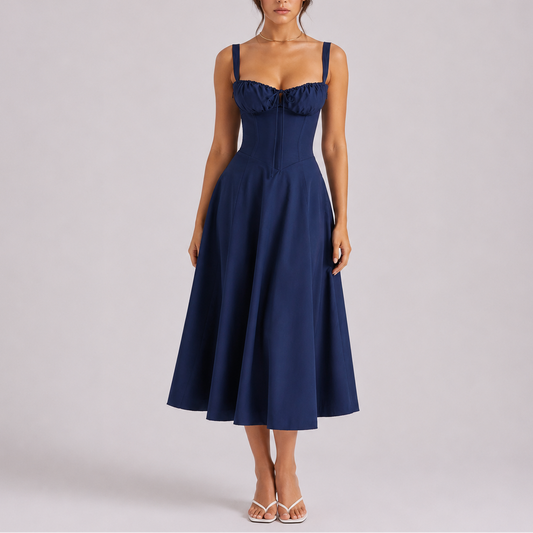 Women's Elegant Corset Midi Dress with Ruched Bust