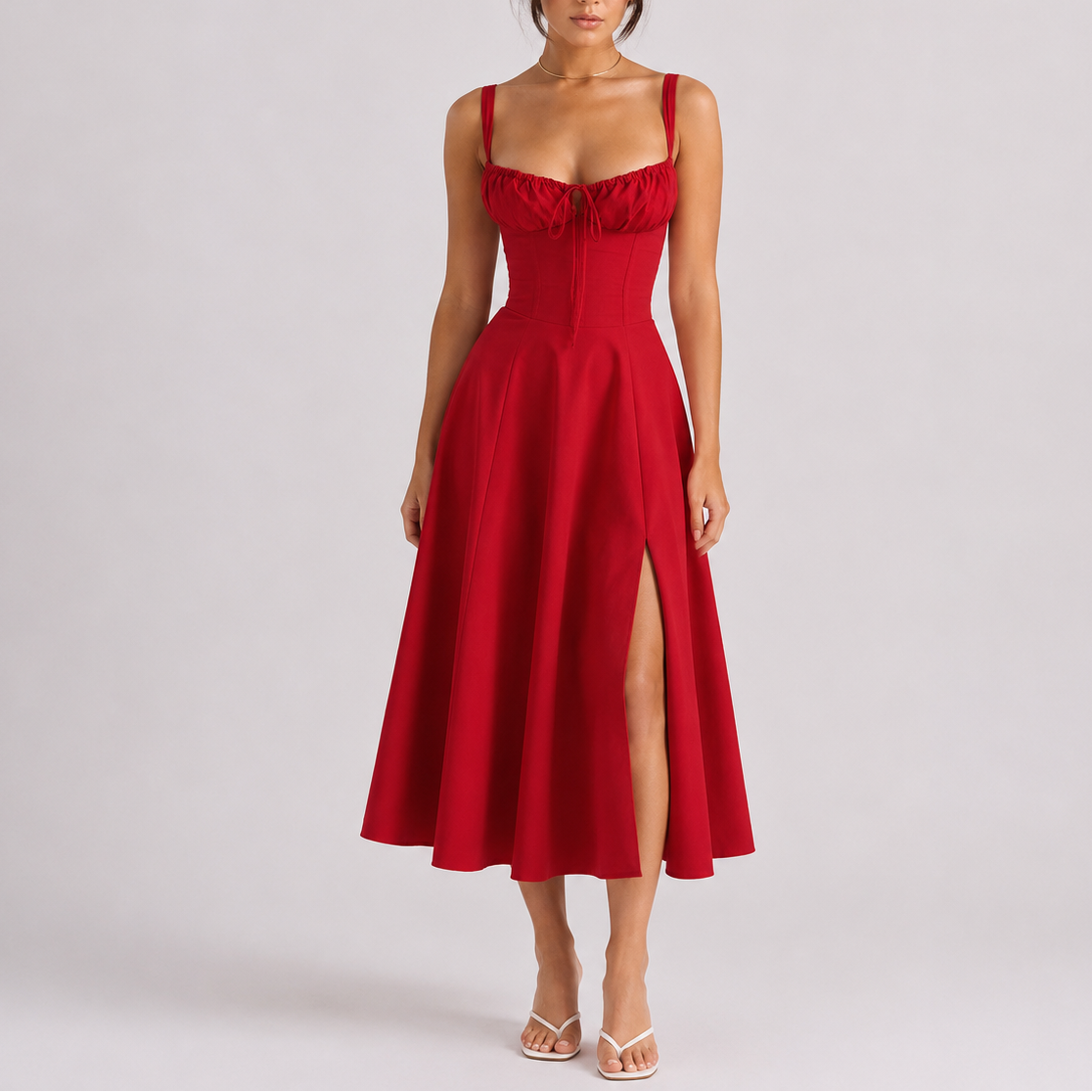 Women's Elegant Corset Midi Dress with Ruched Bust