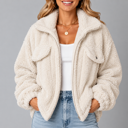 Women's Teddy Fleece Jacket with Wide Collar and Relaxed Fit