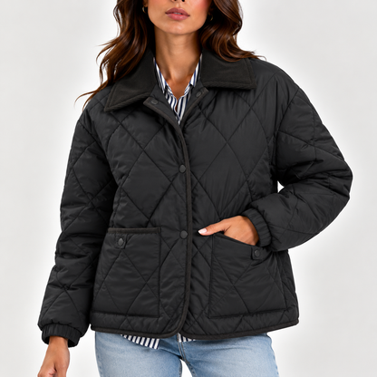 Women's Quilted Puffer Jacket with Corduroy Collar – Long Sleeve Coat