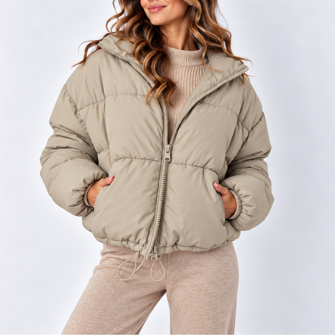 Women's Oversized Puffer Jacket with High Collar and Pockets