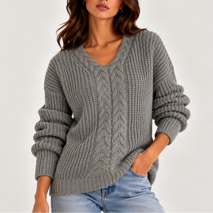 Women's Cable Knit V-Neck Sweater – Long Sleeve Knitted Jumper