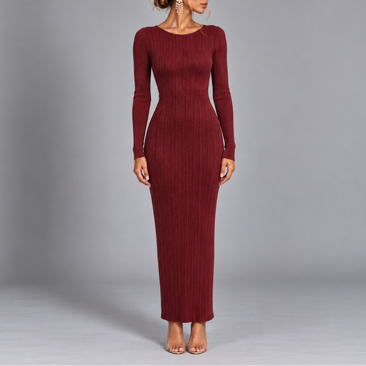 Women's Christmas Maxi Dress – Elegant Ribbed Knit Long Sleeve
