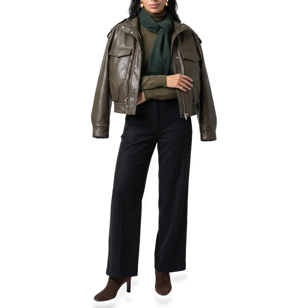 Women's Cropped Bomber Jacket – Faux Leather with Ribbed Cuffs