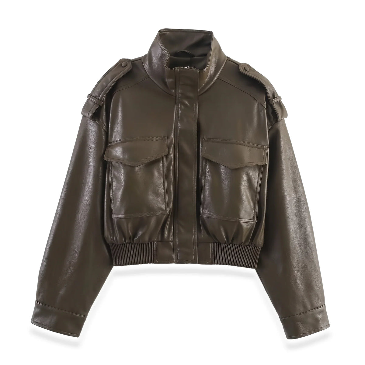 Women's Cropped Bomber Jacket – Faux Leather with Ribbed Cuffs