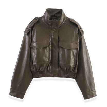 Women's Cropped Bomber Jacket – Faux Leather with Ribbed Cuffs