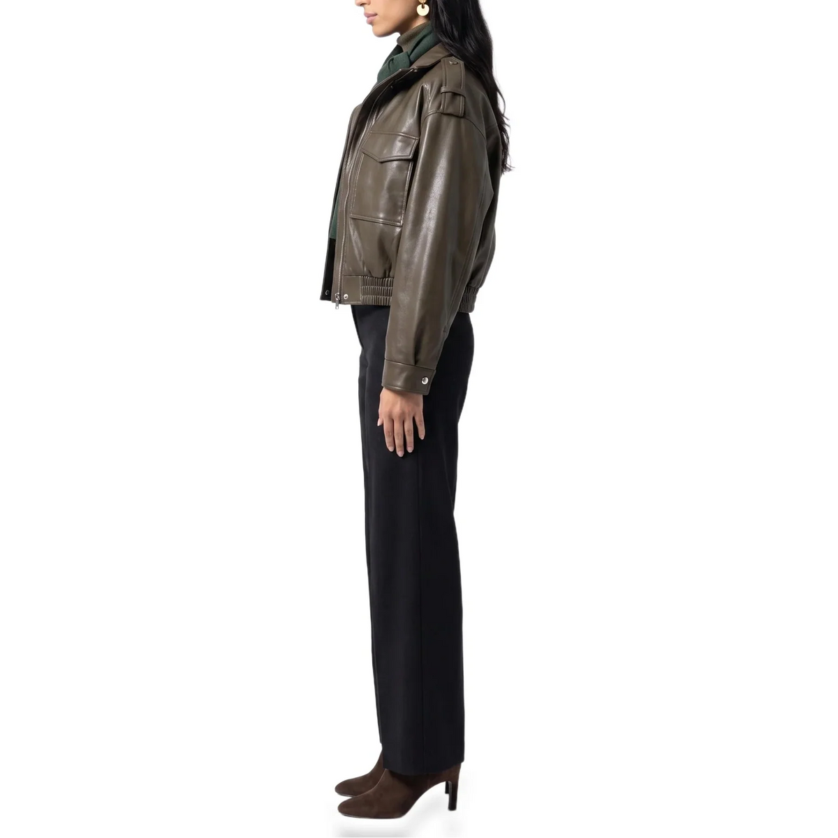 Women's Cropped Bomber Jacket – Faux Leather with Ribbed Cuffs