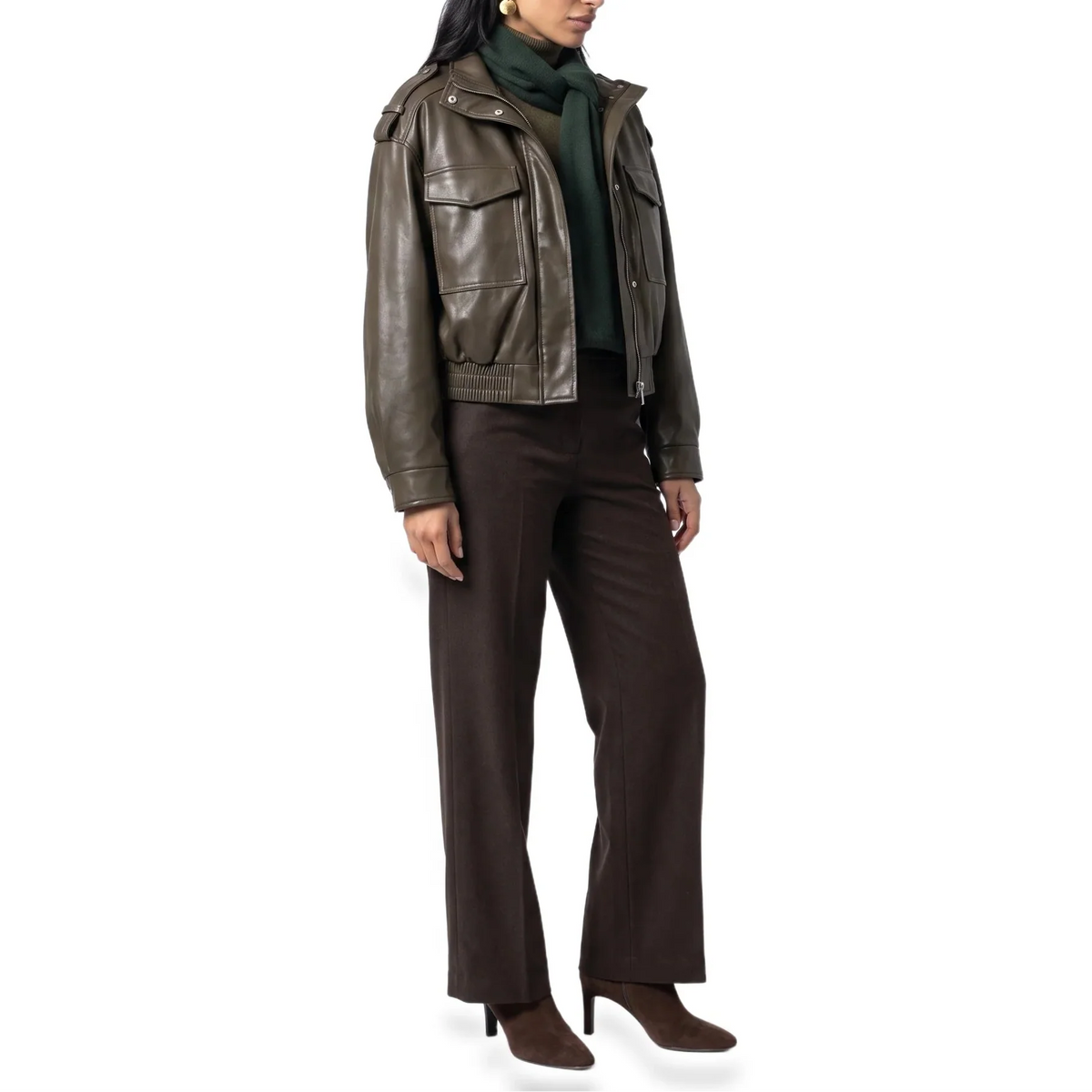 Women's Cropped Bomber Jacket – Faux Leather with Ribbed Cuffs