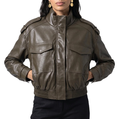 Women's Cropped Bomber Jacket – Faux Leather with Ribbed Cuffs