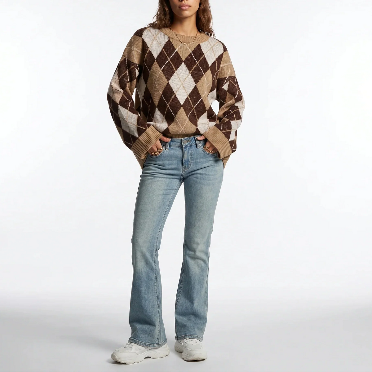 Women's Diamond Pattern Knit Jumper – Round Neck Long Sleeve Sweater