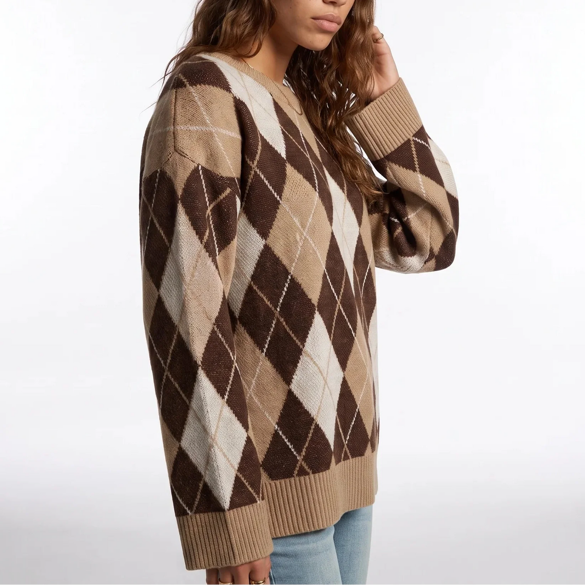 Women's Diamond Pattern Knit Jumper – Round Neck Long Sleeve Sweater