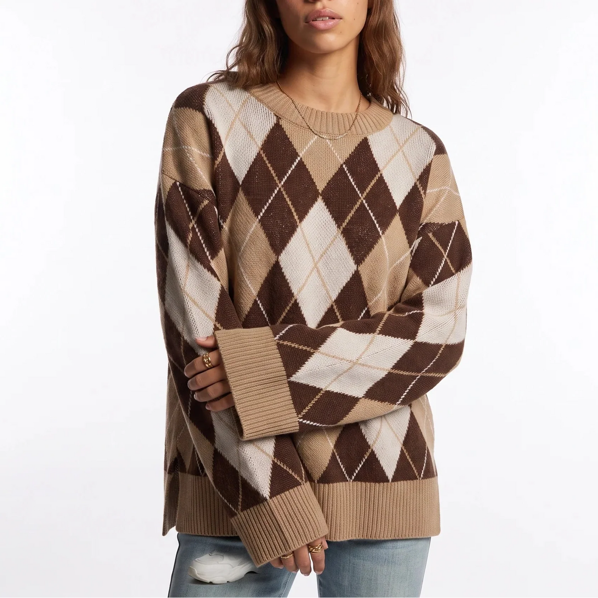 Women's Diamond Pattern Knit Jumper – Round Neck Long Sleeve Sweater