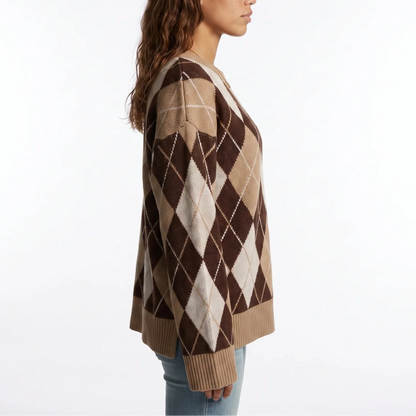 Women's Diamond Pattern Knit Jumper – Round Neck Long Sleeve Sweater