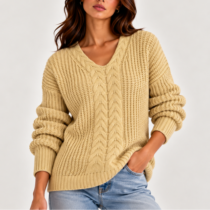 Women's Cable Knit V-Neck Sweater – Long Sleeve Knitted Jumper