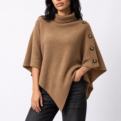 Women's Knitted Turtleneck Poncho with Buttons and Asymmetric Hem