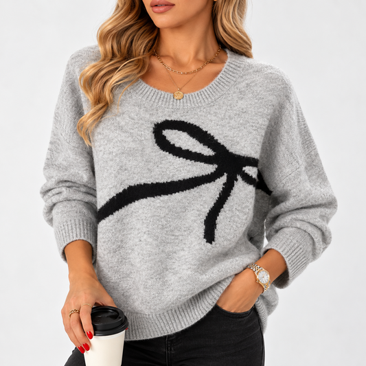 Women's V-Neck Sweater | Oversized Knitted Jumper with Bow Print