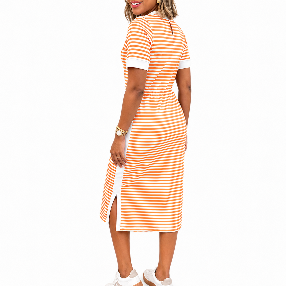 Women's Black and White Striped Midi T-Shirt Dress