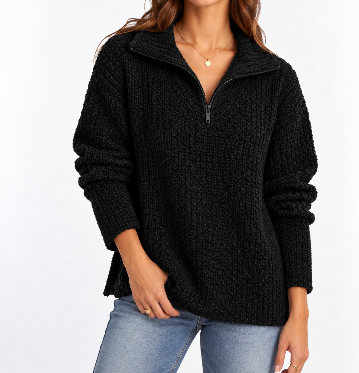Women's Textured Knit Sweater – Quarter Zip & Relaxed Fit