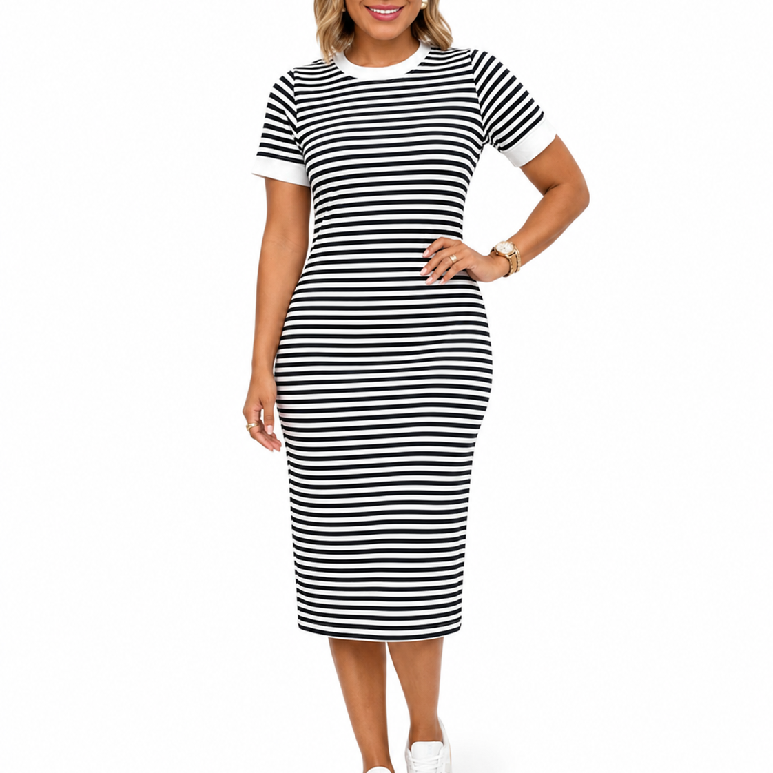 Women's Black and White Striped Midi T-Shirt Dress