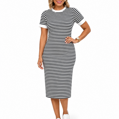 Women's Black and White Striped Midi T-Shirt Dress