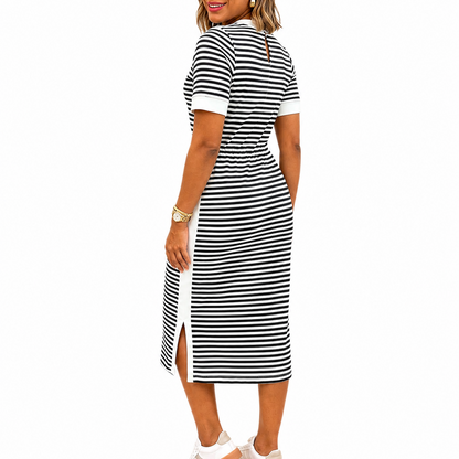 Women's Black and White Striped Midi T-Shirt Dress