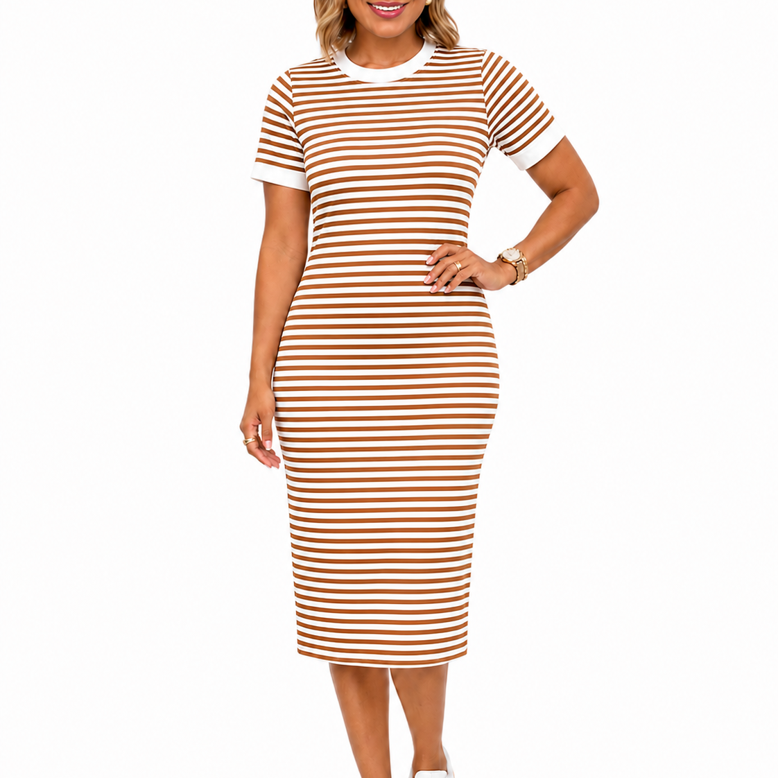 Women's Black and White Striped Midi T-Shirt Dress