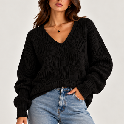 Women's Oversized Cable Knit V-Neck Sweater – Textured Jumper