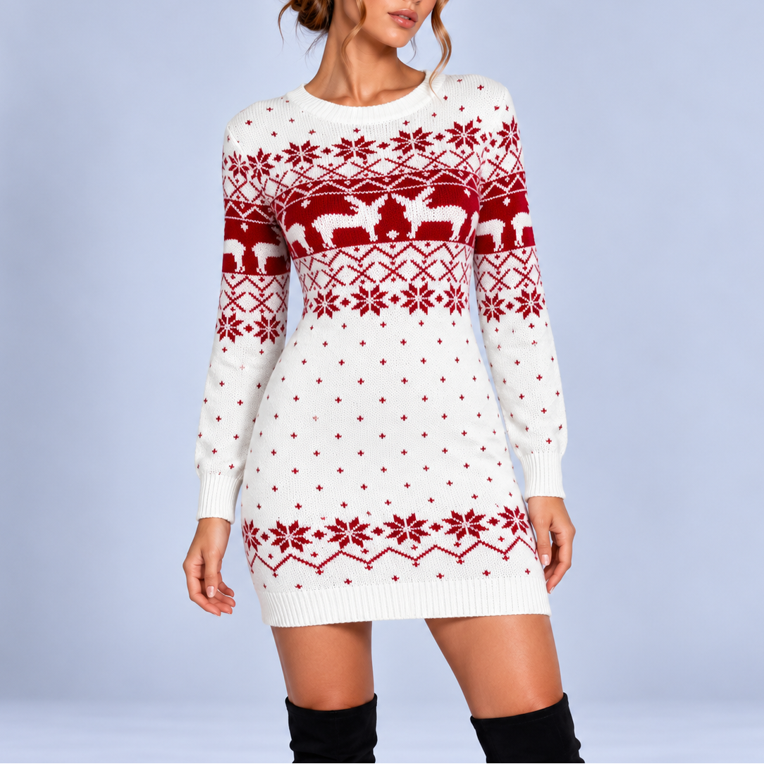 Women's Christmas Reindeer Sweater Dress – Long Sleeve Snowflake Knit Mini Dress