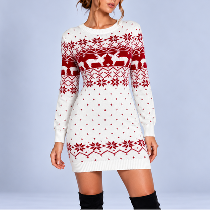 Women's Christmas Reindeer Sweater Dress – Long Sleeve Snowflake Knit Mini Dress