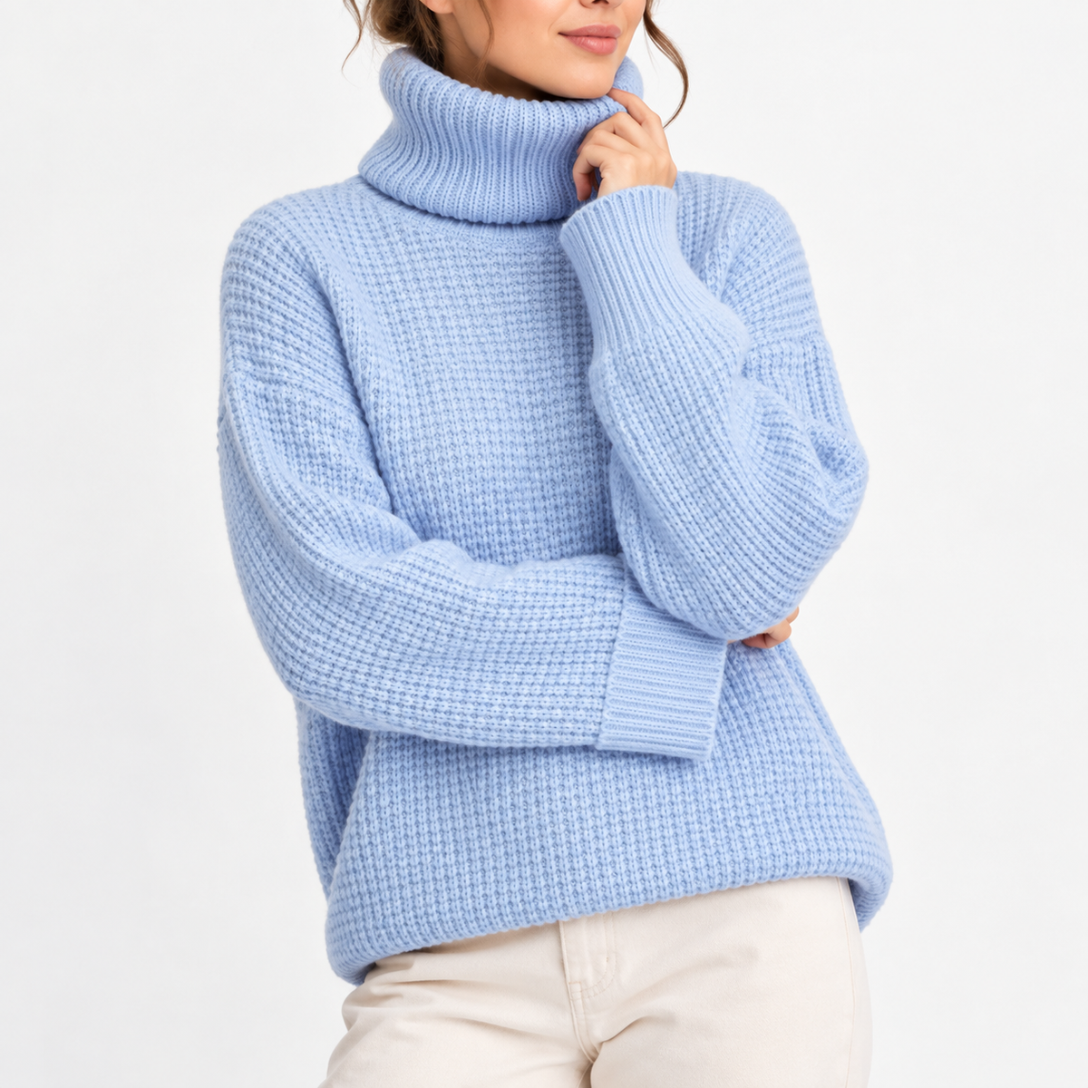 Women's Oversized Turtleneck Sweater with Waffle Knit Texture