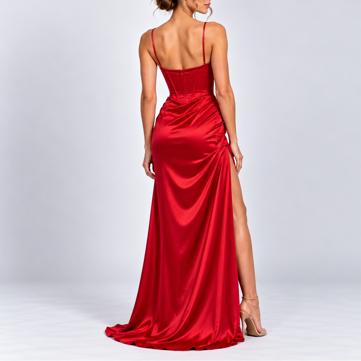 Women's Christmas Elegant Satin Maxi Dress with High Slit & Corset Detail