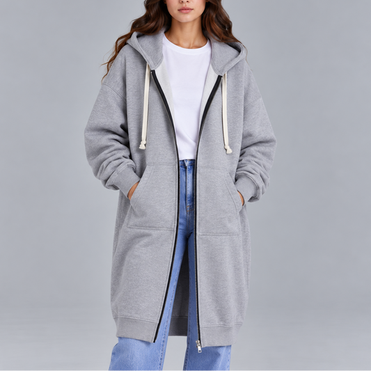 Women's Long Oversized Zip-Up Hoodie – Casual Hooded Sweatshirt Coat with Pockets