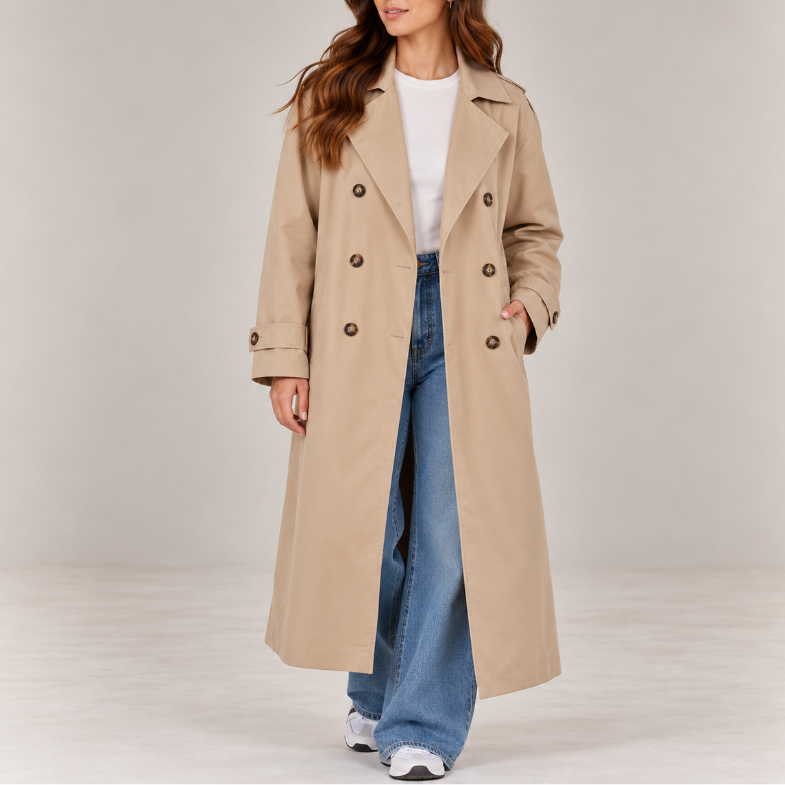 Women's Long Double Breasted Trench Coat with Belt and Lapel Collar