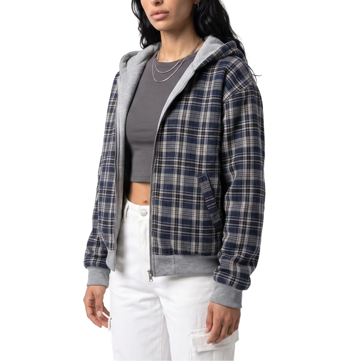 Women's Reversible Cropped Hooded Jacket – Check Pattern Zip-Up Hoodie