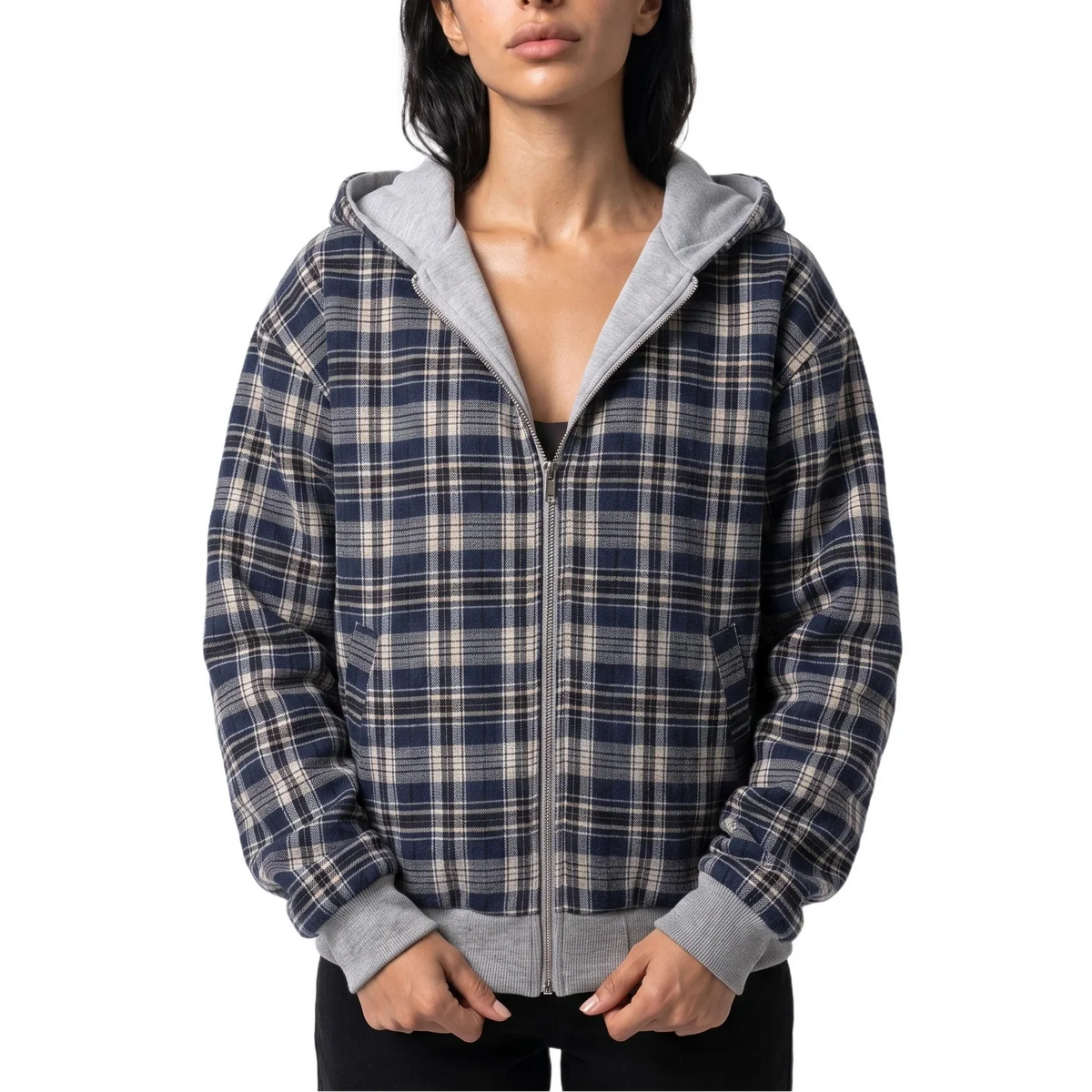 Women's Reversible Cropped Hooded Jacket – Check Pattern Zip-Up Hoodie