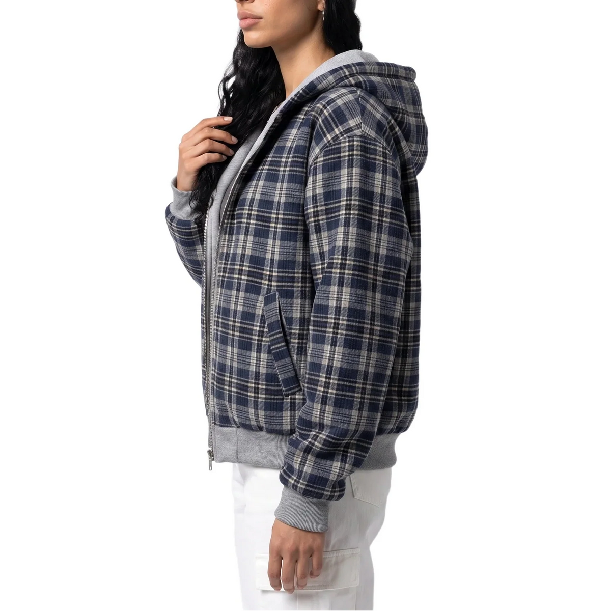 Women's Reversible Cropped Hooded Jacket – Check Pattern Zip-Up Hoodie