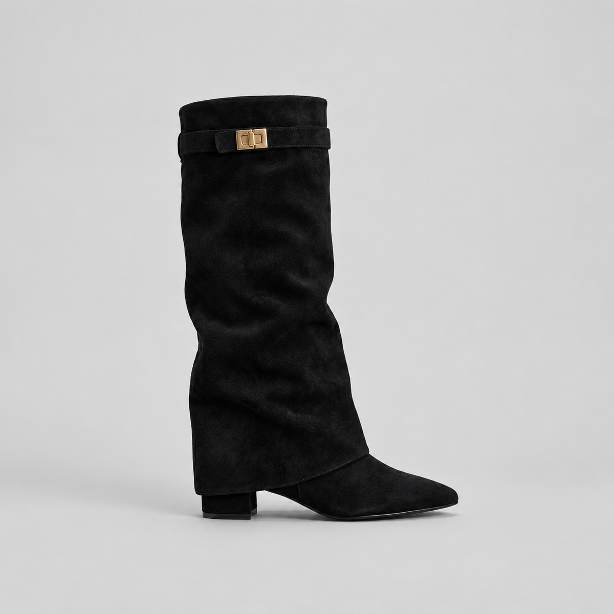 Women's Knee High Boots with Low Block Heel & Gold Buckle Detail