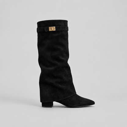 Women's Knee High Boots with Low Block Heel & Gold Buckle Detail