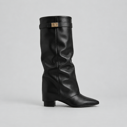 Women's Knee High Boots with Low Block Heel & Gold Buckle Detail