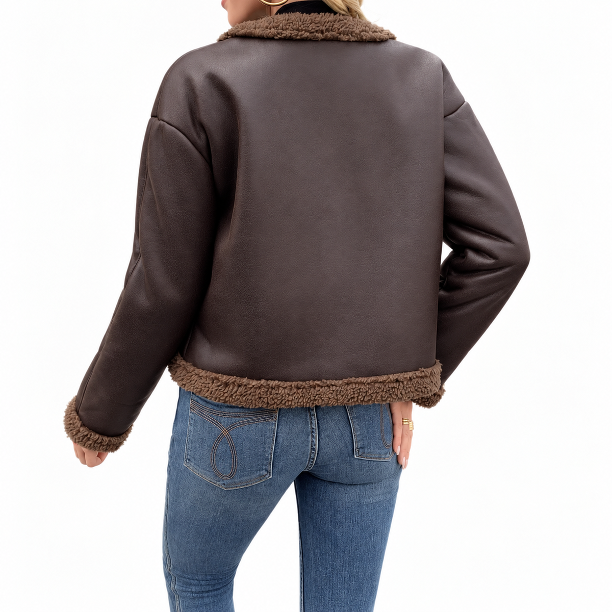 Women's Brown Shearling Trim Jacket - Cropped Faux Leather Winter Coat
