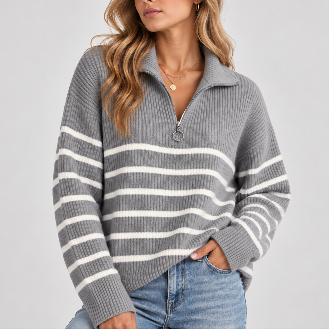 Women's Striped Quarter Zip Knit Sweater – Relaxed Fit Pullover