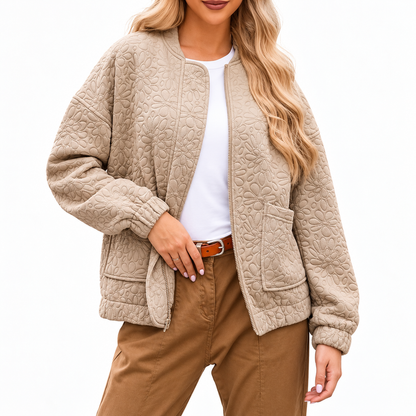 Women's Beige Quilted Jacket | Zip-Up Long Sleeve Outerwear with Front Pockets
