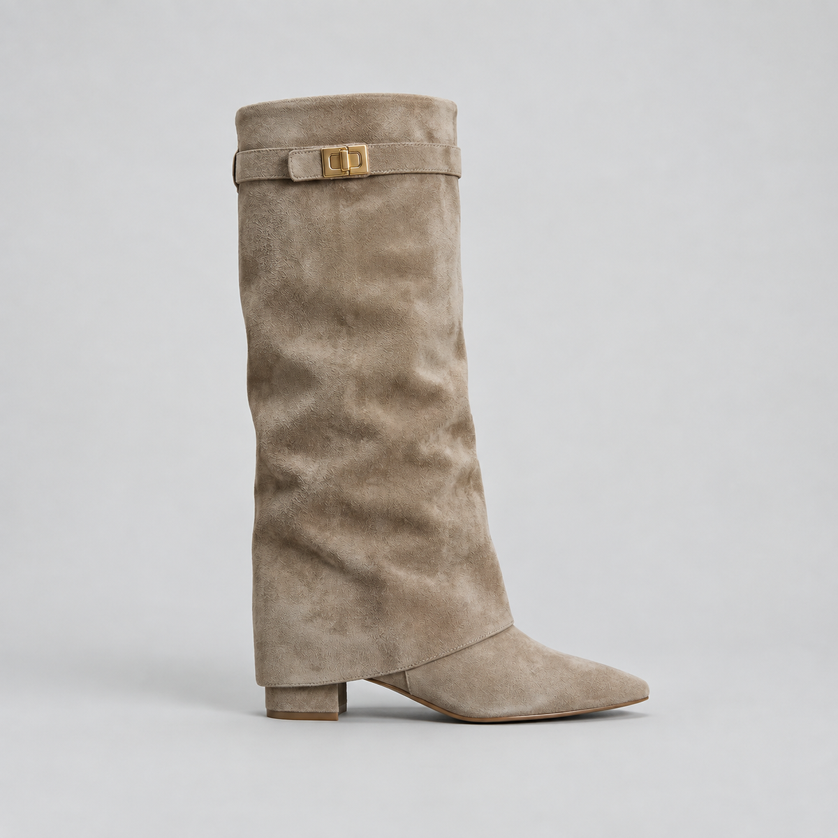 Women's Knee High Boots with Low Block Heel & Gold Buckle Detail