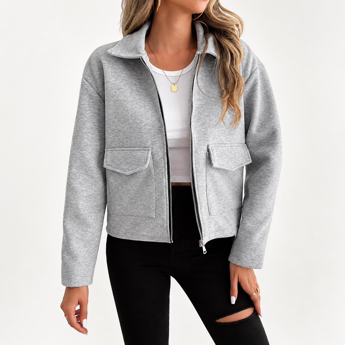 Women's Grey Zip-Up Utility Overshirt - Long Sleeve with Flap Pockets