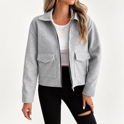 Women's Grey Zip-Up Utility Overshirt - Long Sleeve with Flap Pockets