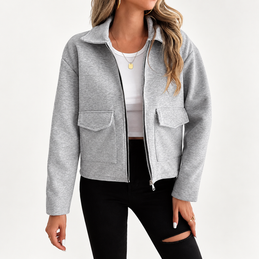 Women's Grey Zip-Up Utility Overshirt - Long Sleeve with Flap Pockets